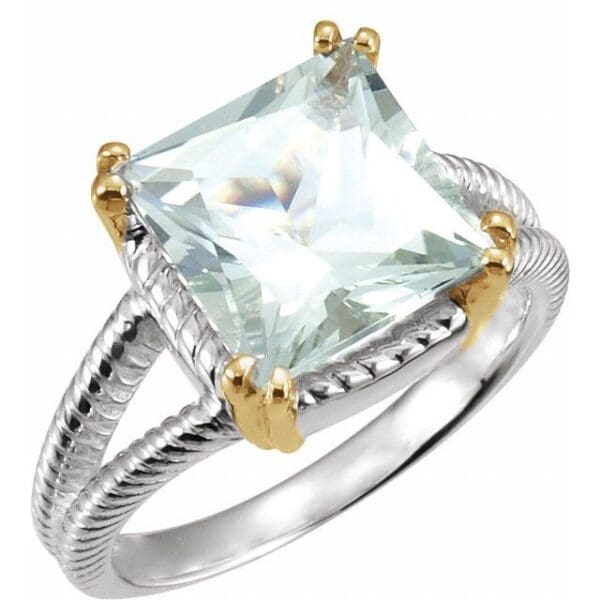 Sterling Silver & 14K Yellow Checkerboard Natural Prasiolite Ring