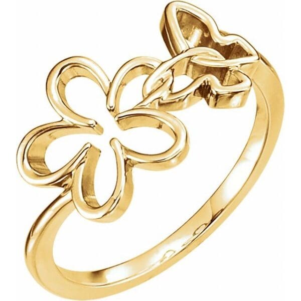 14K Yellow Floral & Butterfly Ring