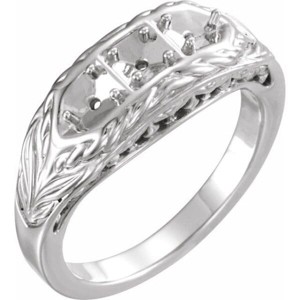 14K White 3.4 mm Round Three-Stone Ring Mounting