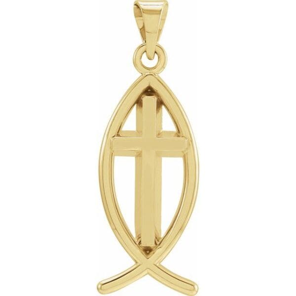 14K White 17x8 mm Fish with Cross Pendant