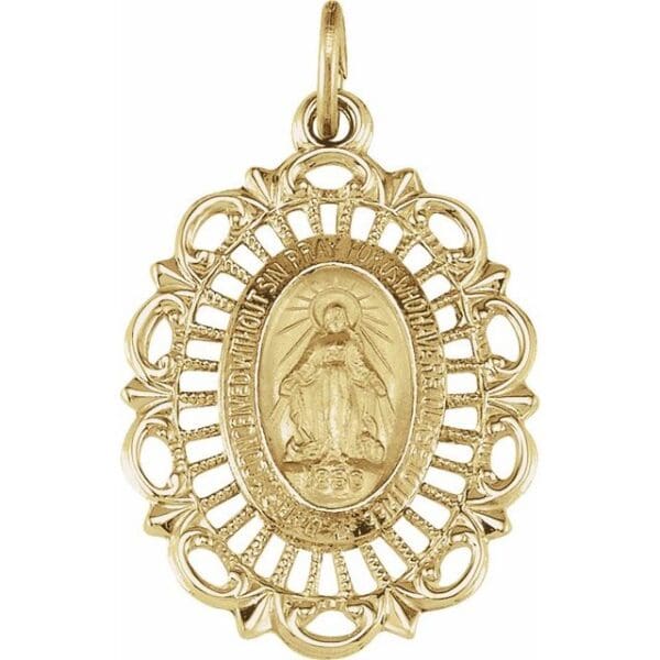 14K White 22x16 mm Oval Filigree Miraculous Medal