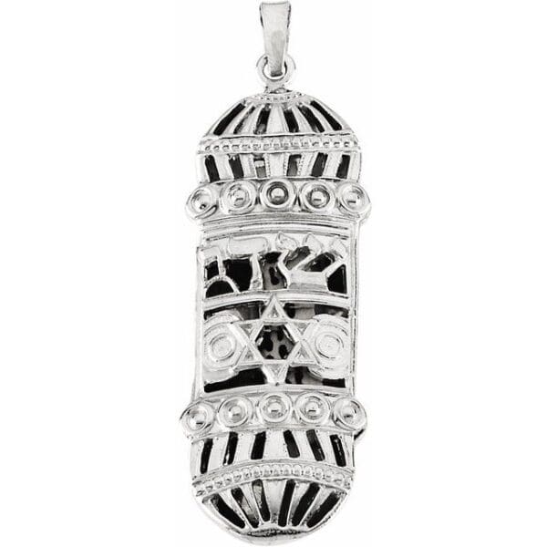 14K Yellow 37x13 mm Mezuzah Pendant with Blue & White Enamel