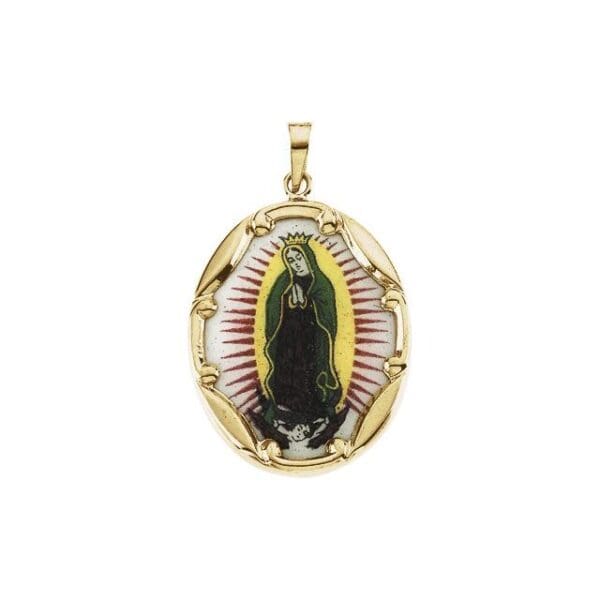 14K Yellow 13x10 mm Our Lady of Guadalupe Hand-Painted Porcelain Medal