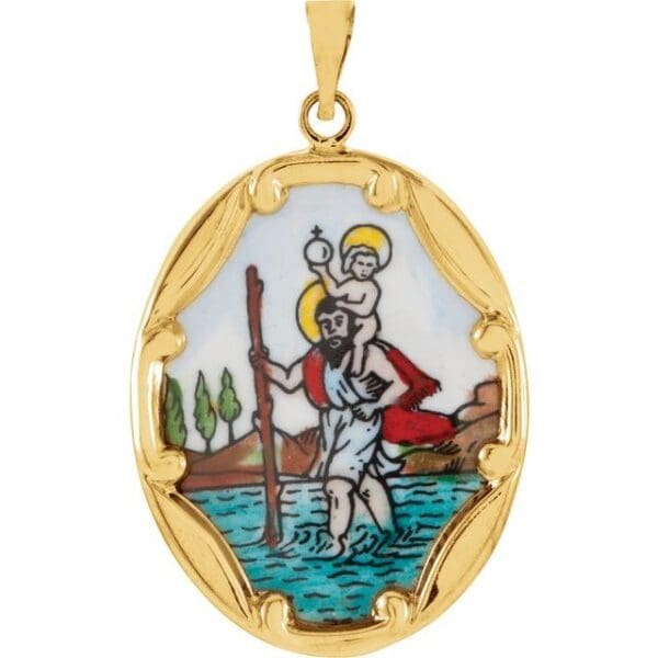 14K Yellow 13x10 mm St. Christopher Hand-Painted Porcelain Medal