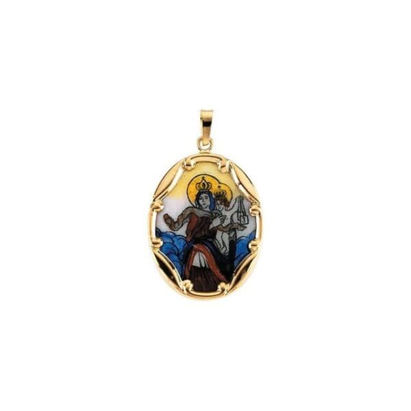 14K Yellow 17x13.5 mm Oval Hand Painted Porcelain Scapular Medal
