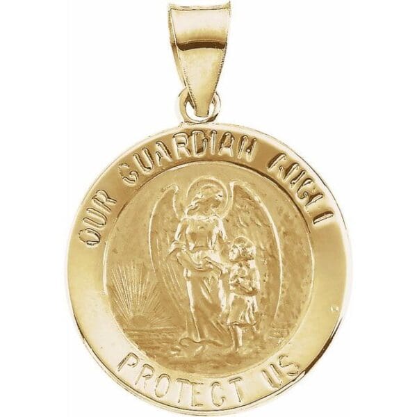 14K White 18 mm Hollow Round Guardian Angel Medal