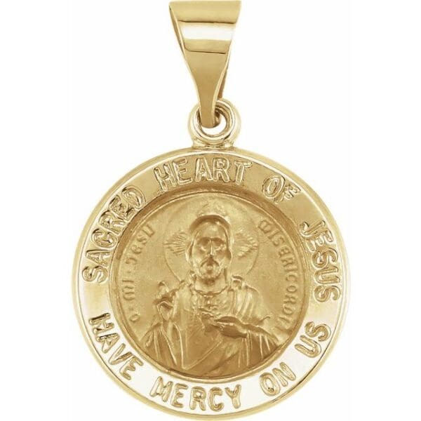14K White 18 mm Round Hollow Sacred Heart of Jesus Medal