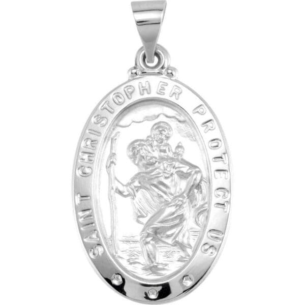 14K White 23.5x16 mm Oval Hollow St. Christopher Medal