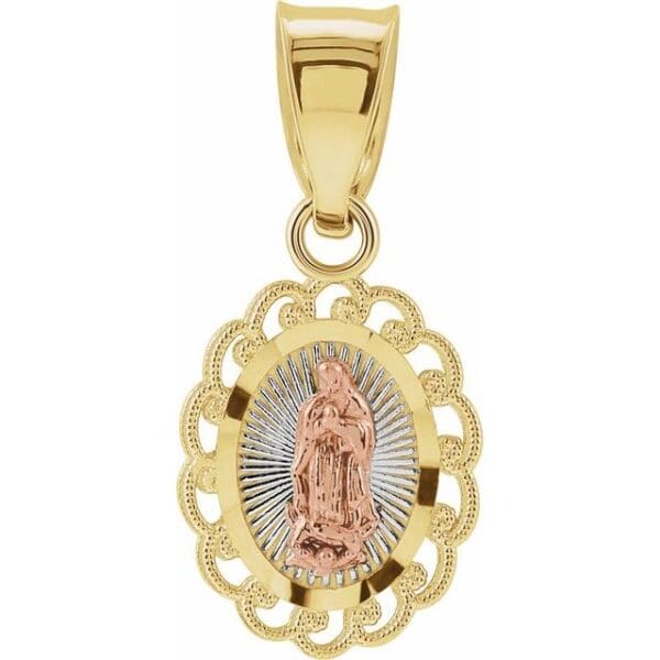 14K Yellow/Rose 11x9 mm Oval Our Lady of Guadalupe Pendant with Rhodium Plating
