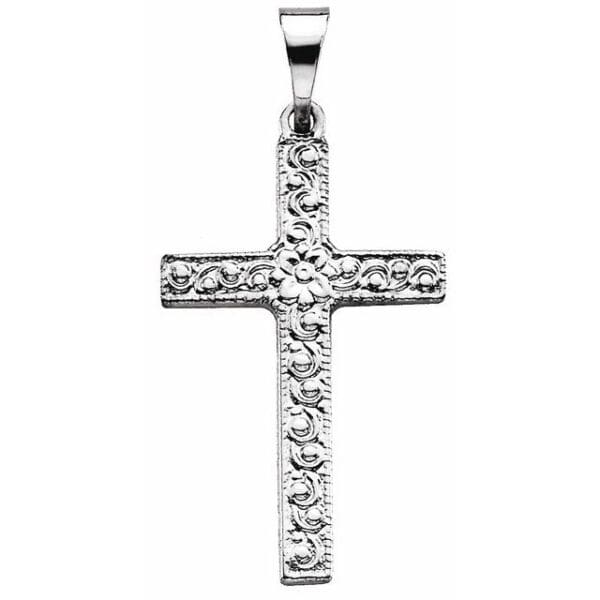 14K White 20x13 mm Floral-Inspired Cross Pendant