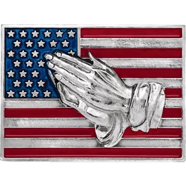 Sterling Silver with Red, White, Blue Epoxy American Flag with Praying Hands Lapel Pin