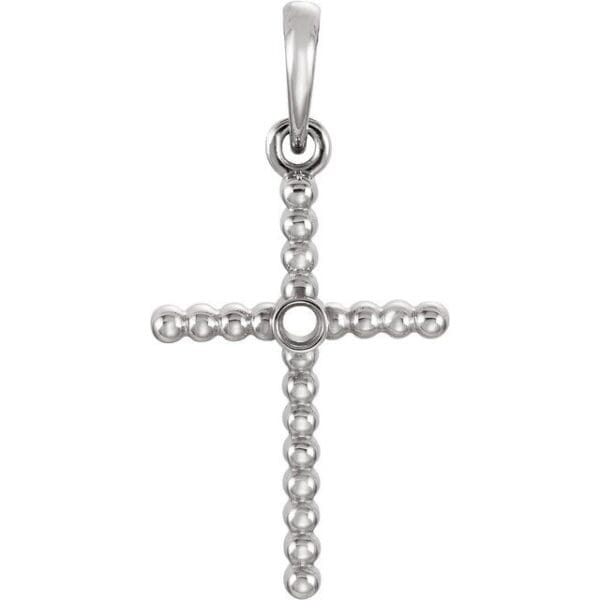 14K White 19.1x9.5 mm Beaded Cross Pendant Mounting for 1.5 mm Round