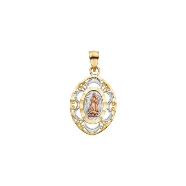 14K Yellow/Rose 22x17 mm Oval Our Lady of Guadalupe Medal with Rhodium Plating