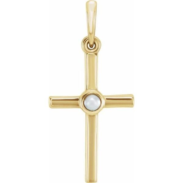 14K Yellow Cultured White Freshwater Pearl Cross Pendant
