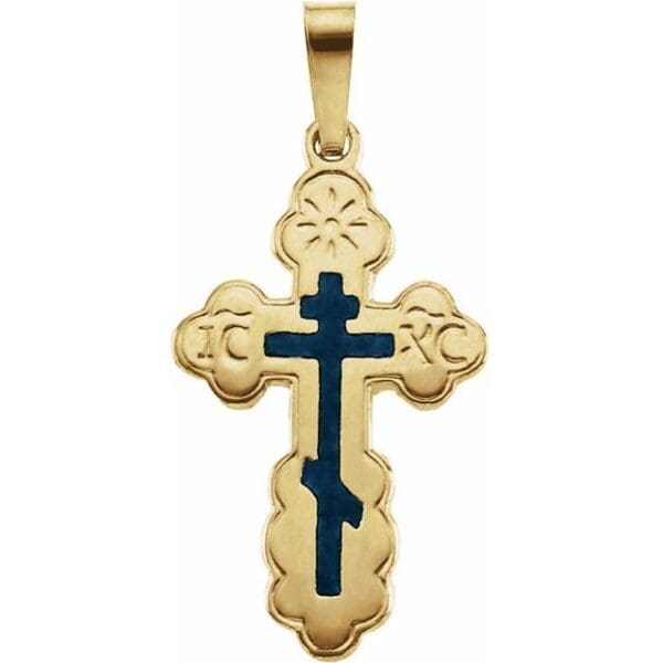 14K Yellow 32x21 mm Blue Enamel Orthodox Cross Pendant