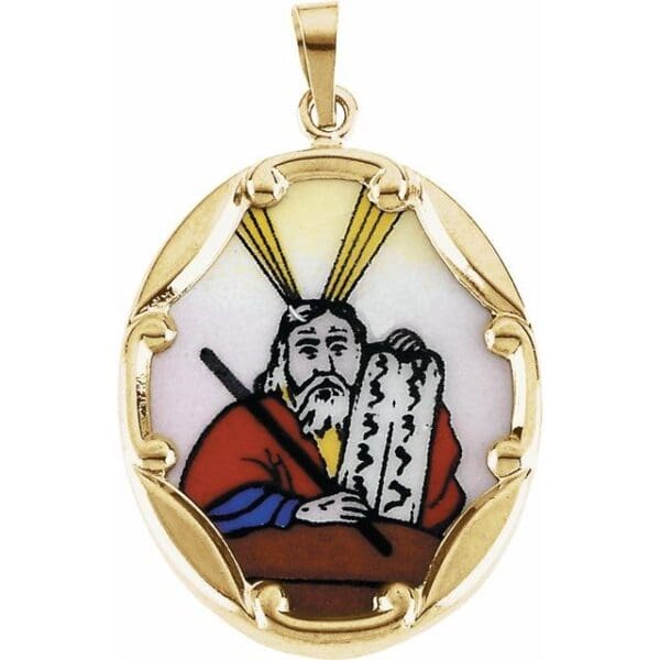 14K Yellow 25x19.5 mm Moses Hand-Painted Porcelain Medal