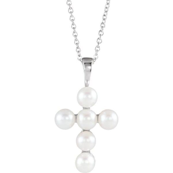 14K Yellow Cultured White Freshwater Pearl Cross Pendant