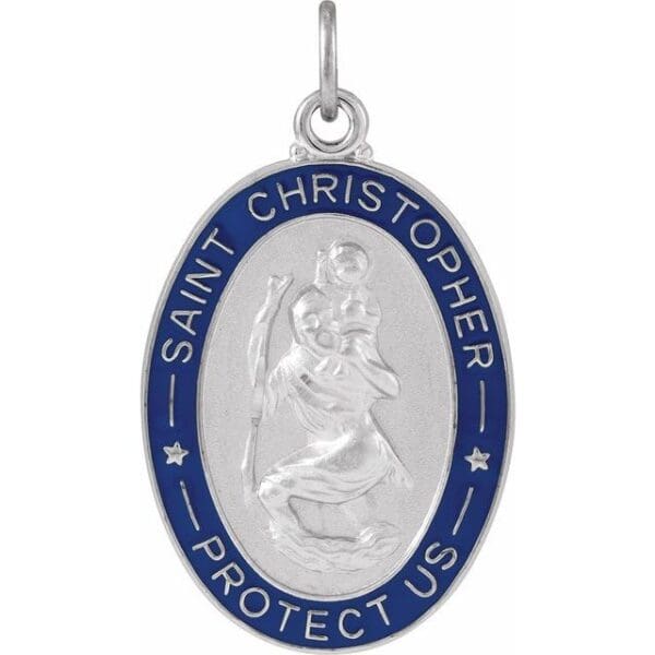 Sterling Silver 26x20 mm Blue Enamel St. Christopher Medal 24" Necklace