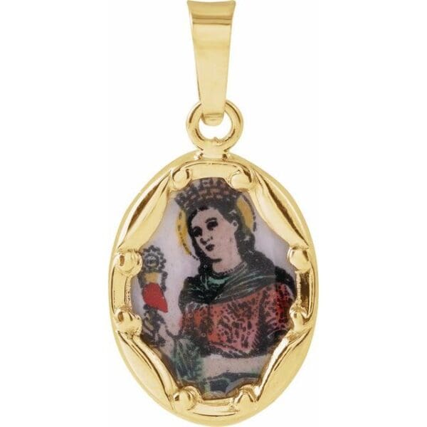 14K Yellow 13x10 mm Oval Hand Painted Porcelain St. Barbara Medal
