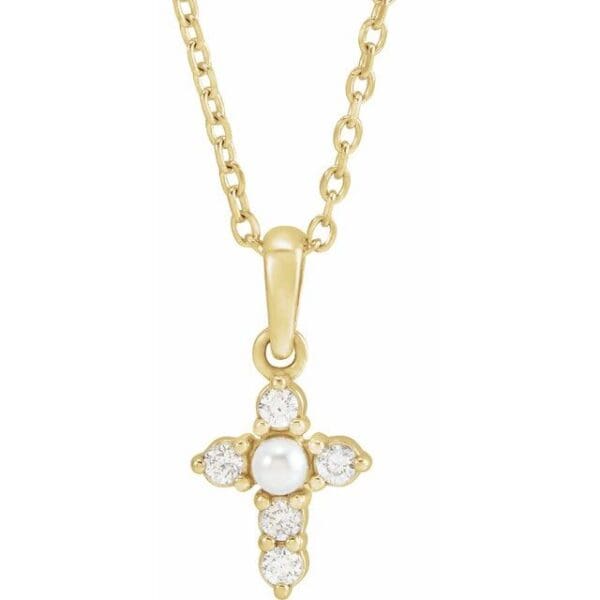 14K White Cultured White Seed Pearl & .07 CTW Natural Diamond Cross Pendant