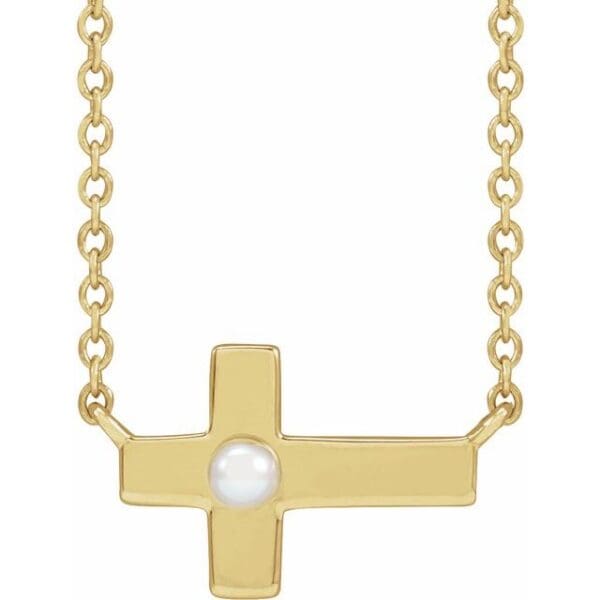 Sterling Silver Cultured White Seed Pearl Sideways Cross 16-18" Necklace