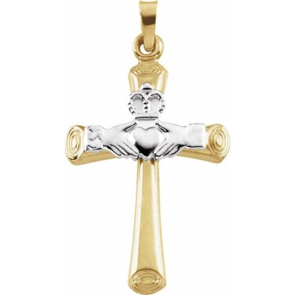 14K Yellow/White 27x19.5 mm Hollow Claddagh Cross Pendant