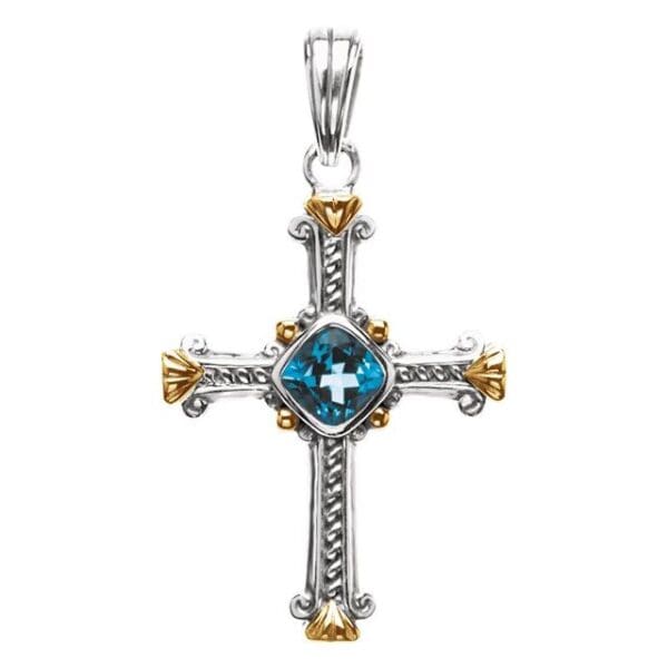 Sterling Silver & 14K Yellow Natural Swiss Blue Topaz Cross Pendant