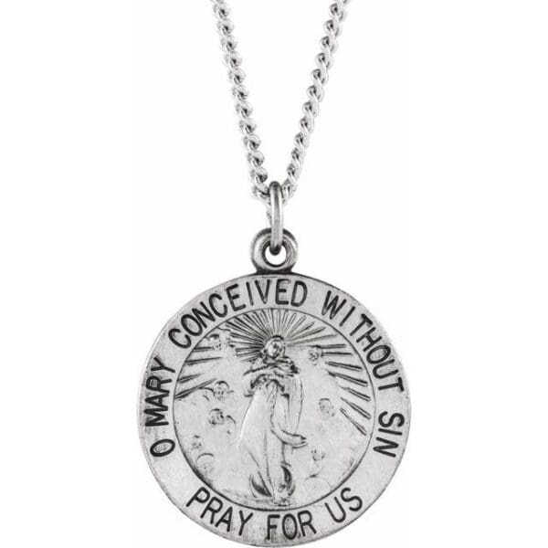 Sterling Silver 18 mm Round Immaculate Conception Medal 18" Necklace