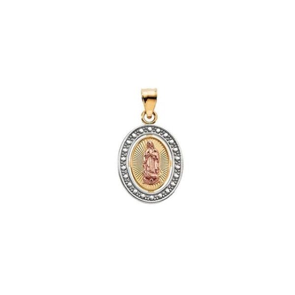 14K Yellow/Rose 15.5x13 mm Oval Our Lady of Guadalupe Pendant with Rhodium Plating