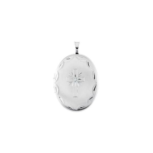 Sterling Silver .015 CT Natural Diamond Oval Cross Locket