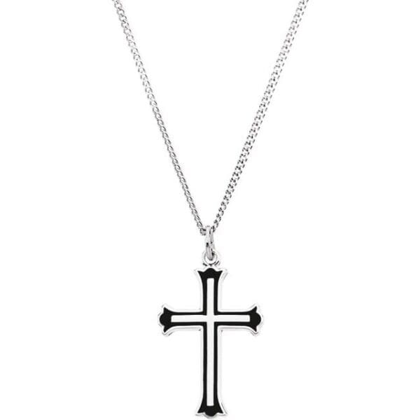 Sterling Silver 25x15.75 mm Black Enamel Cross 18" Necklace