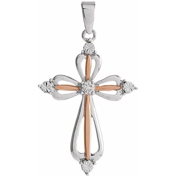 14K Rose Gold-Plated Sterling Silver .03 CT Natural Diamond Cross Pendant