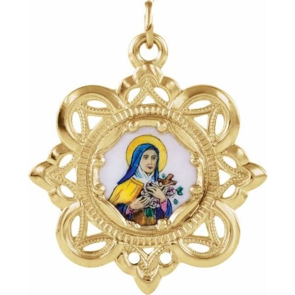 10K Yellow 26x26 mm Enamel St. Theresa Medal
