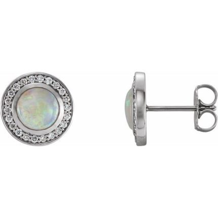 14K White 5 mm Natural White Opal & 1/6 CTW Natural Diamond Halo-Style Earrings