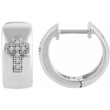 Sterling Silver .05 CTW Natural Diamond Cross 11.3 mm Hoop Earrings
