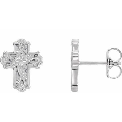 14K White Floral Cross Earrings