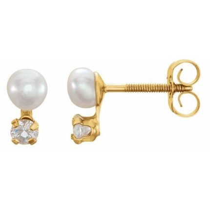 14K Yellow Cultured White Freshwater Pearl & Imitation White Cubic Zirconia Earrings