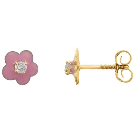 14K Yellow 2 mm Imitation White Cubic Zirconia & Pink Enamel Flower Youth Earrings