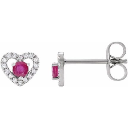 14K White Natural Ruby & 1/10 CTW Natural Diamond Heart Earrings