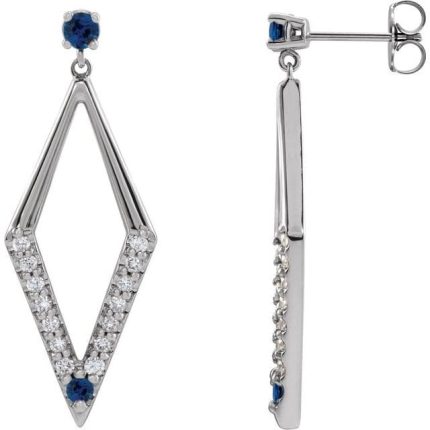 14K White Natural Blue Sapphire & 3/8 CTW Natural Diamond Geometric Earrings
