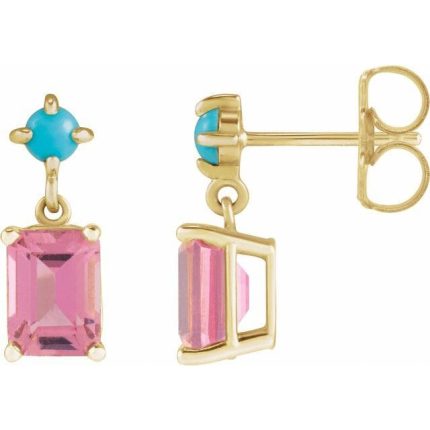 14K White Natural Pink Tourmaline & Natural Turquoise Earrings