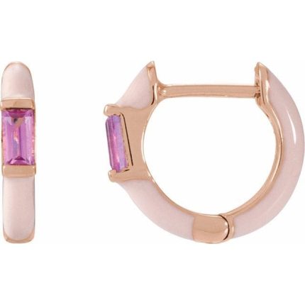 14K Yellow Natural Pink Tourmaline & Pink Enamel Hinged 11 mm Hoop Earrings