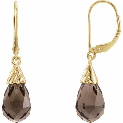 14K Yellow Natural Smoky Quartz Briolette Lever Back Earrings