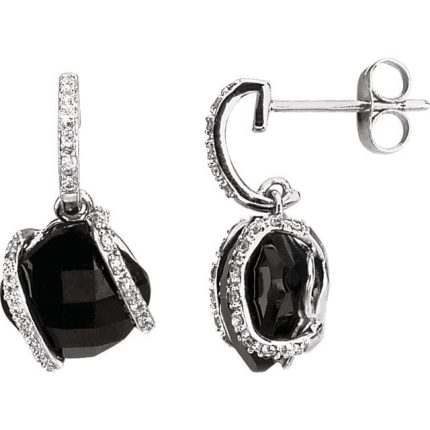 14K White Natural Black Onyx & 1/10 CTW Natural Diamond Earrings