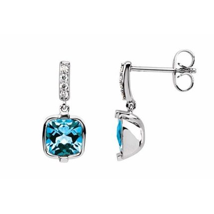 14K White Natural Swiss Blue Topaz and .07 CTW Natural Diamond Earrings