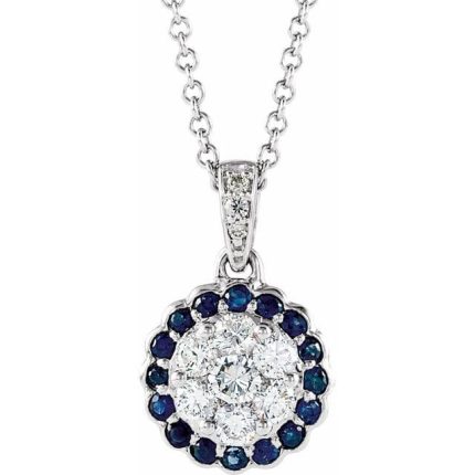 14K White  Natural Blue Sapphire & 1/3 CTW  Natural Diamond 16-18" Necklace