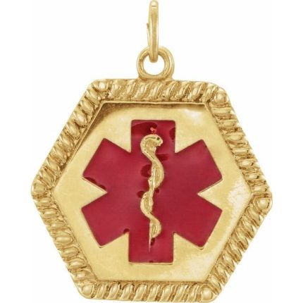 14K Yellow 20.5x19 mm Engravable Red Enamel Medical Identification Pendant