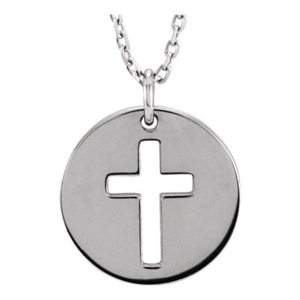 14K White Pierced Cross Disc 16-18" Necklace