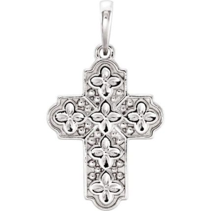 14K White Ornate Floral-Inspired Cross Pendant