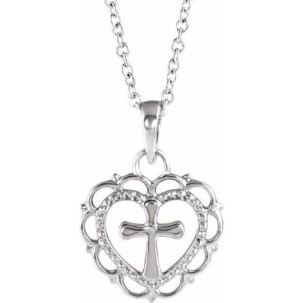 14K White Youth Heart with Cross Pendant